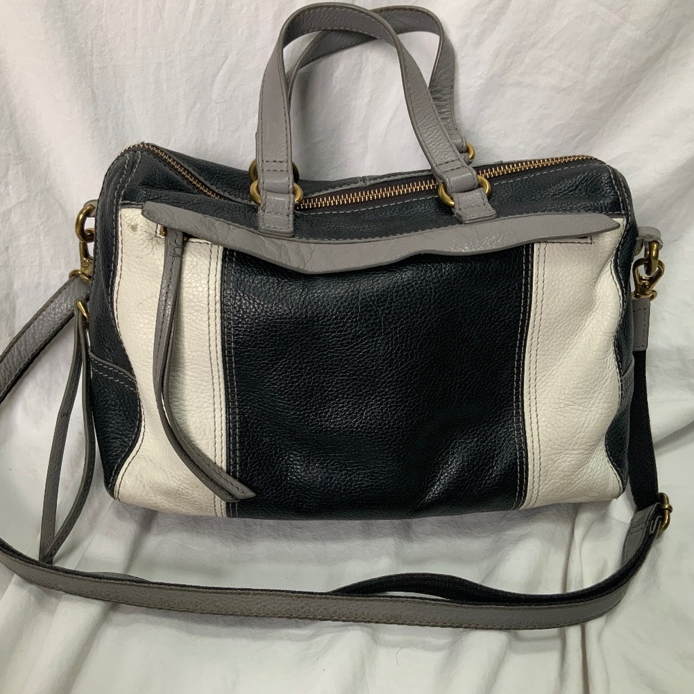 Fossil Black, White & Gray Leather Crossbody Satchel
